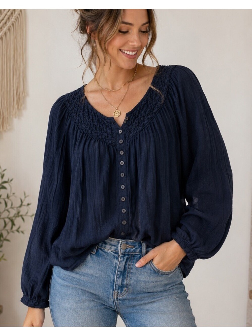 We The Free Free People Navy Blue Peasant Blouse Small Boho Cottagecore Hippie